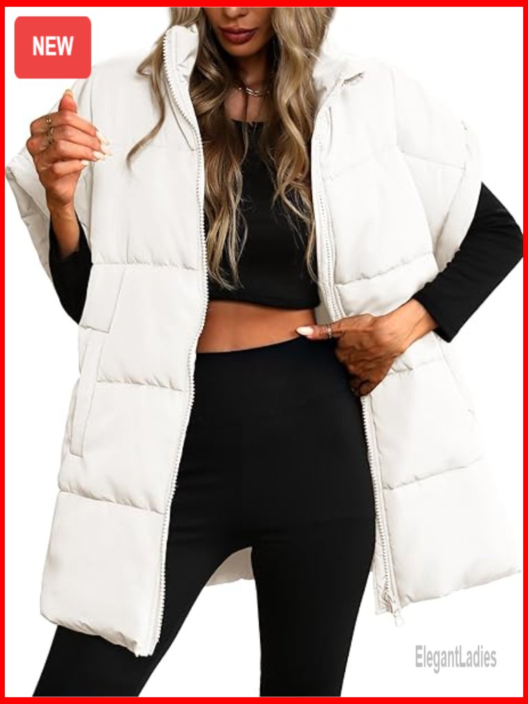 Oversized Puffer Vest With Quilted Stand Collar And Pockets